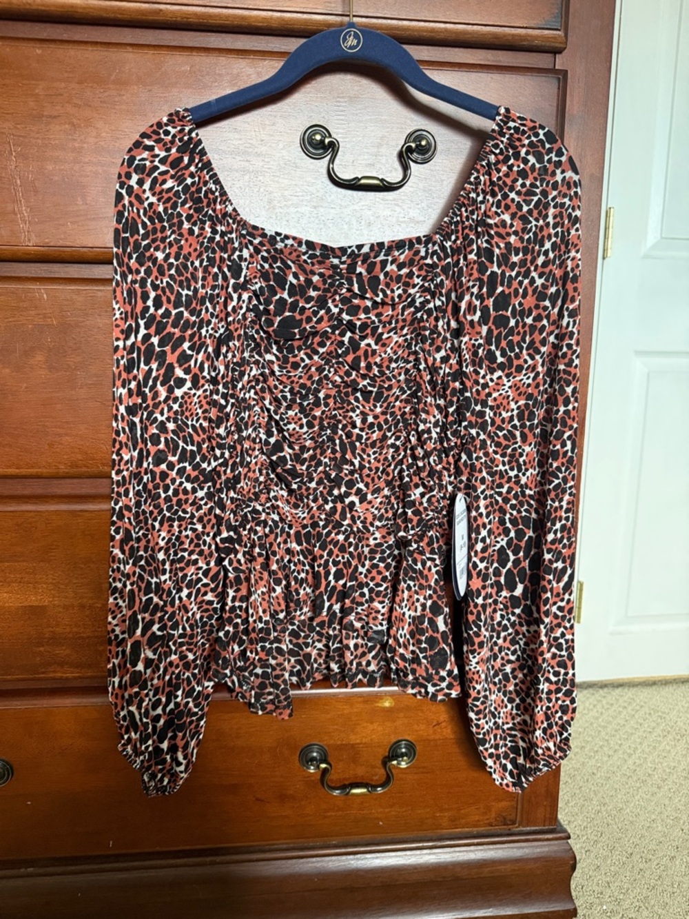 Ruched Square-Neck Animal Print Blouse in Black and Rust